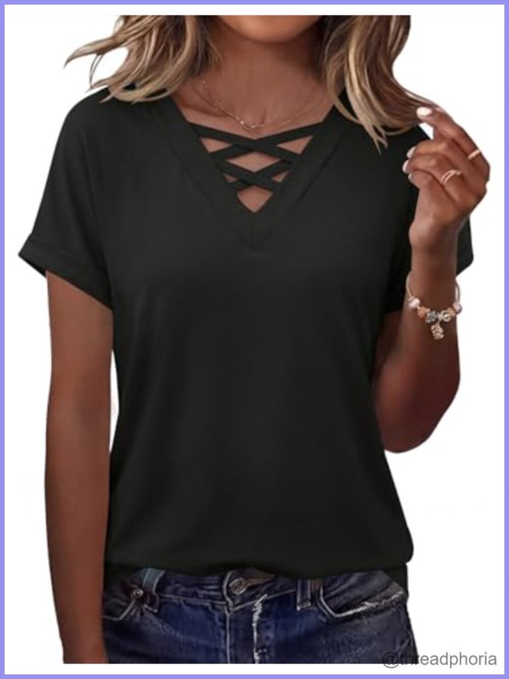 Rapbin Women's V-Neck Criss Cross Short Sleeve Top Puff Sleeve Tee